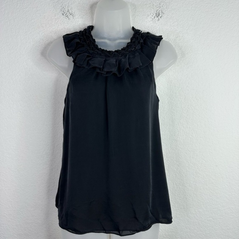 Club Monaco Shirt Womens‎ XS Black Silk Sleeveless Ruffle Romantic Career Blouse